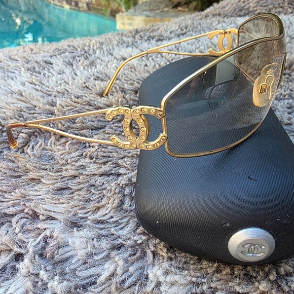 Authentic Chanel Gold Sunglasses crystal CC main image 14